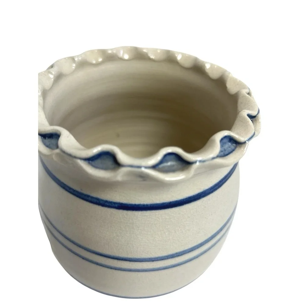MARSHALL Pottery Blue Ruffled Rim Crock Vase T. Humphries Primitive Americana